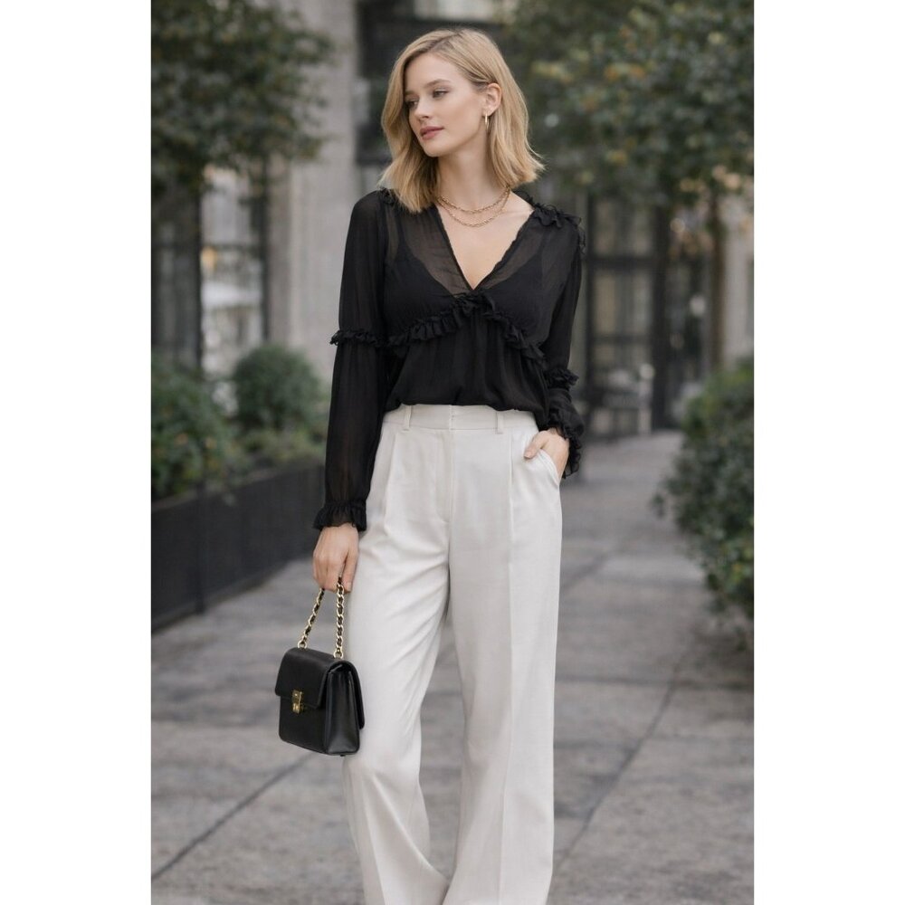 SACK’S Black Sheer Silk Blend Long Sleeve Ruffle Blouse Size 2 Boho